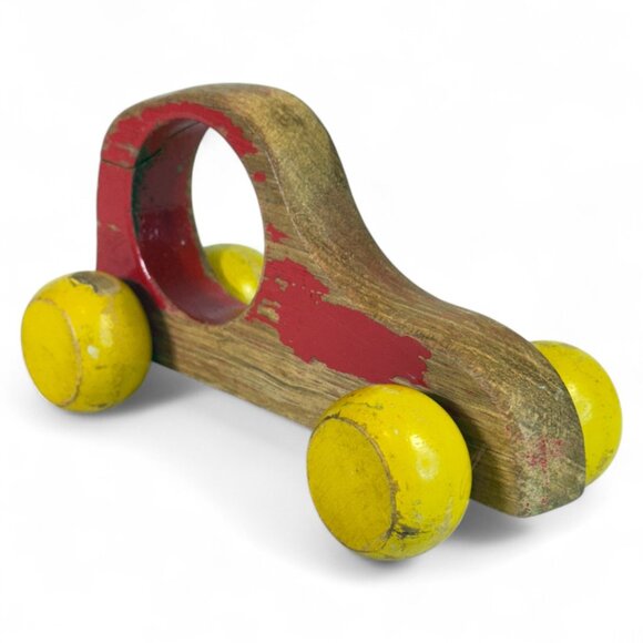 Vintage Handmade Wooden Push Car Red & Yellow Globe Wheels Toddler Toy - Picture 3 of 8